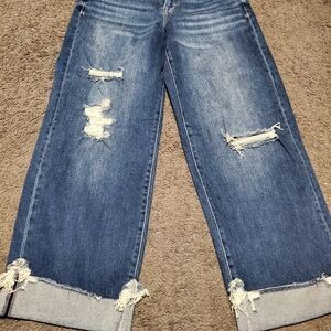 Stylish Blue Distressed Wide Leg JeansDetailed Waistband By Me Fit Casual